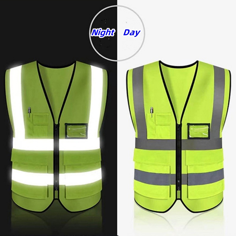 Reflective Cycling Vest High Visibility - การมองเห็นสูง Night Safety แถบสะท้อนแสงเสื้อกั๊กทํางานกลางแจ้งการจราจรขี่จักรยานเรืองแสงสีเขียวแจ็คเก็ตซิปกระเป๋าเสื้อกั๊ก