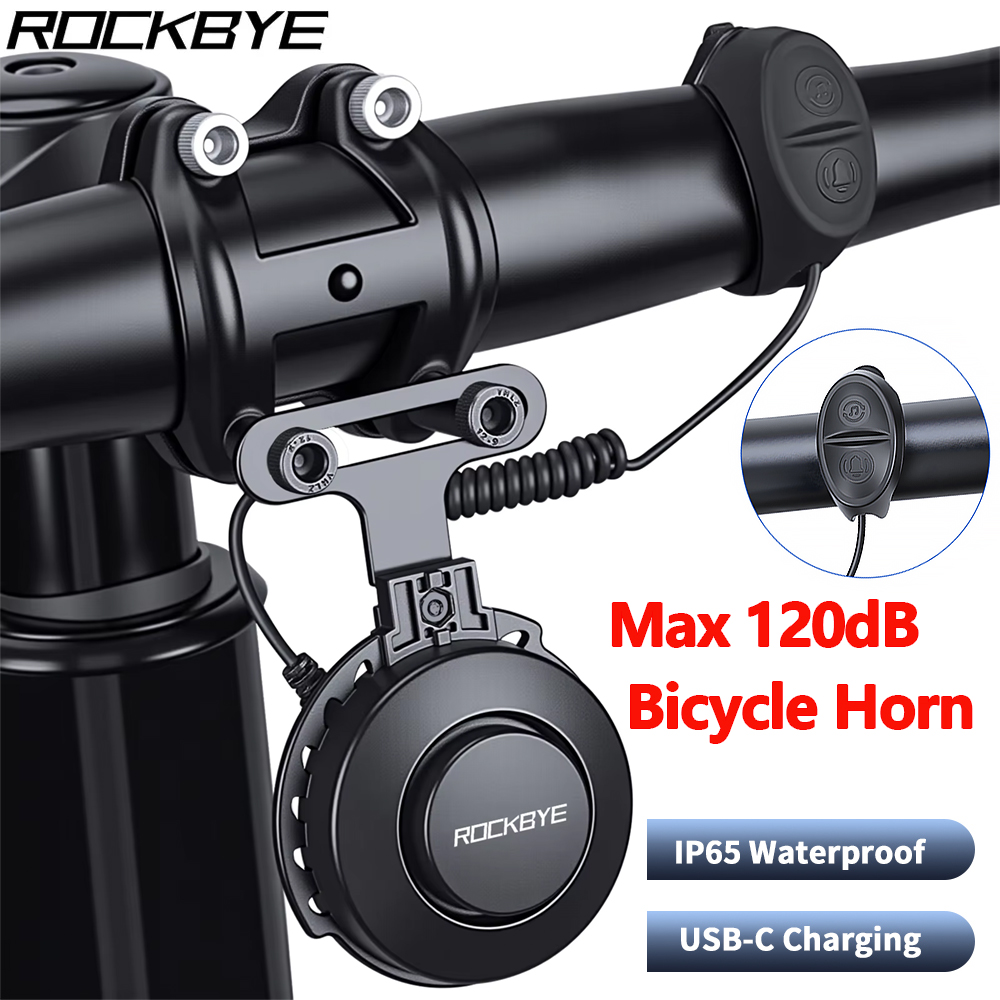 Bike Bell Electronic Loud Horn - Rockbye กันน้ําสกู๊ตเตอร์จักรยานอิเล็กทรอนิกส์ Loud Horn 120dB-60dB ปรับคําเตือนความปลอดภัยไฟฟ้าจักรยาน
